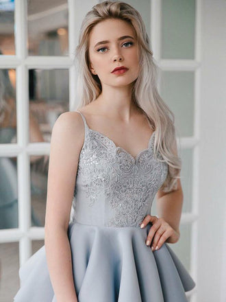 A-line Spaghetti Straps Appliques Top Short Homecoming Dresses With Pleats, HD0482