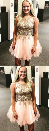 Round Neck Sleeveless Beading Tulle Skirt Short Homecoming Dresses With Pleats, HD0458