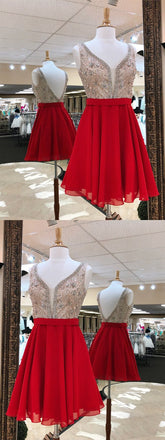 A-line Deep V-neck Backless Beading Red Chiffon Homecoming Dresses, HD0465