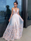 Beautiful A-line Applique V Neck Evening Prom Dresses, Long Prom Dresses, OL077