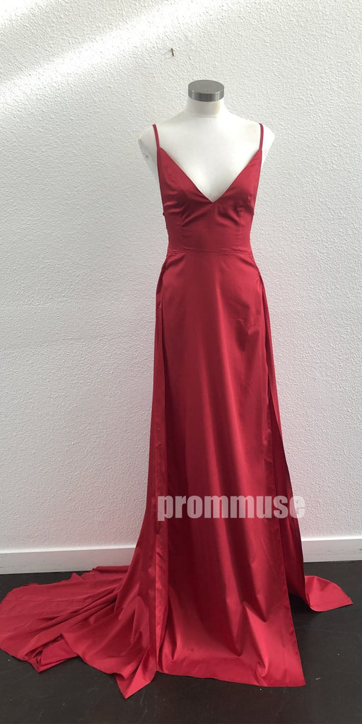 Sexy Red V Neck Spaghetti Strap Long Prom Dresses LPD004