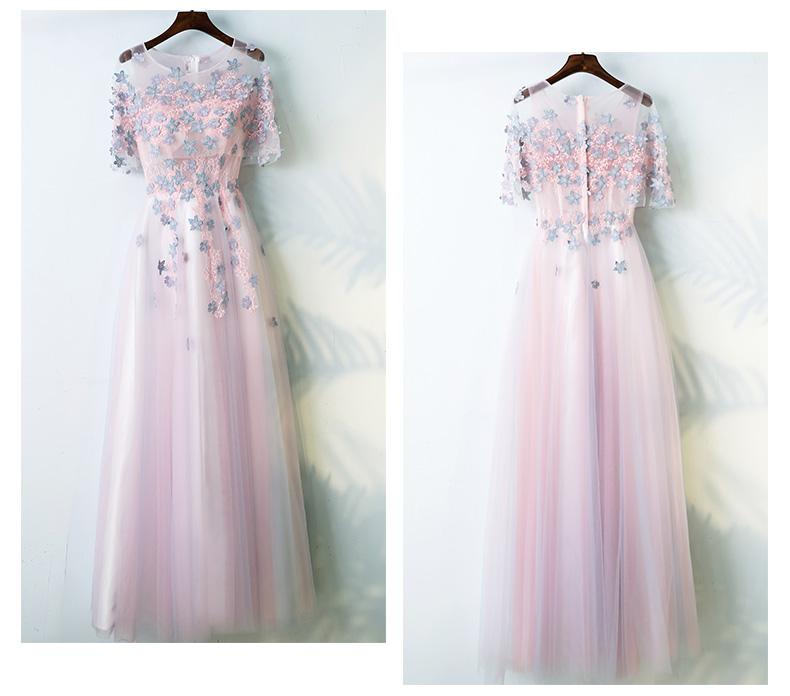 Charming Half Sleeves Tulle Applique Light Pink Cheap Long Prom Dresses, BGP021 - Bubble Gown