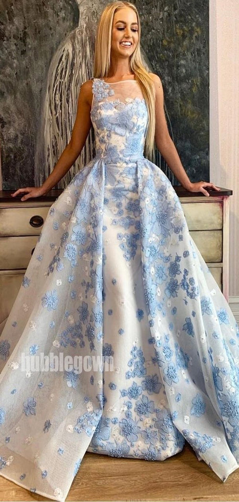Blue Applique A-line Sleeveless Long Prom Dresses FP1167
