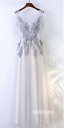 Beautiful Half Sleeves Tulle Applique Elegant Cheap Long Prom Dresses, BGP022