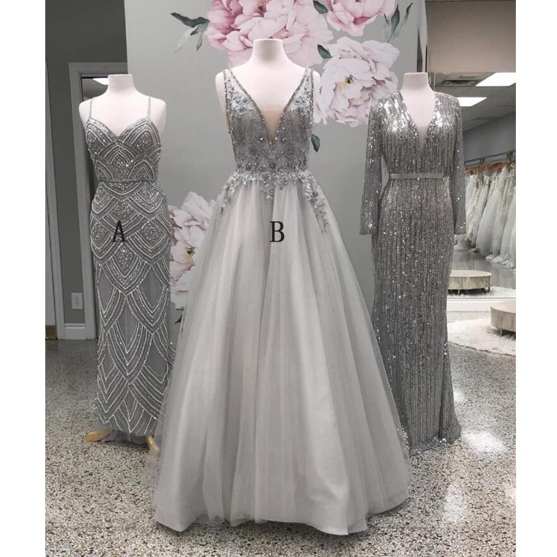 Beaded V Neck Tulle Gray Evening Party Long Prom Dresses, WP014
