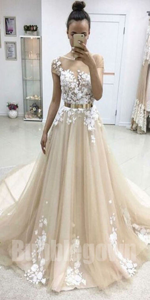 Cap Sleeves Tulle Applique Charming Cheap Long Evening Prom Dresses, BGP041