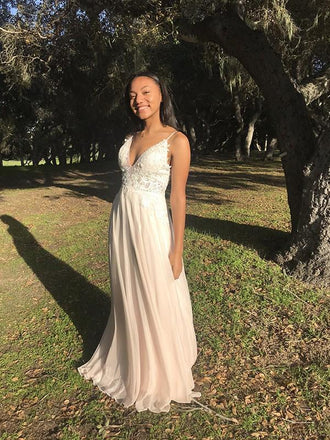 A-line Lace Sleeveless V Neck Evening Prom Dresses, Long Prom Dresses, OL089