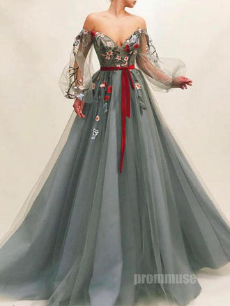 Off the Shoulder Long Sleeves A Line Tulle Long Prom Dresses SPE152