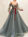 Off the Shoulder Long Sleeves A Line Tulle Long Prom Dresses SPE152