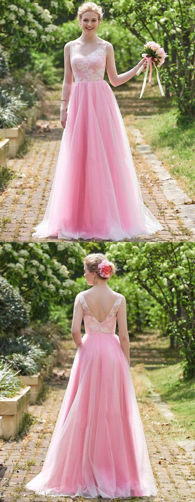 A-line V-Neck Pink Sleeveless Applique Tulle Bridesmaid Dresses, BD0559-1