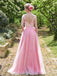 A-line V-Neck Pink Sleeveless Applique Tulle Bridesmaid Dresses, BD0559-1