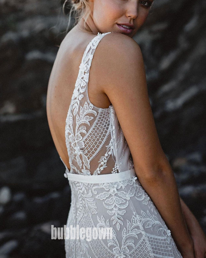 Sexy V-neck Spaghetti Strap Mermaid Lace Long Wedding Dresses, BGH030