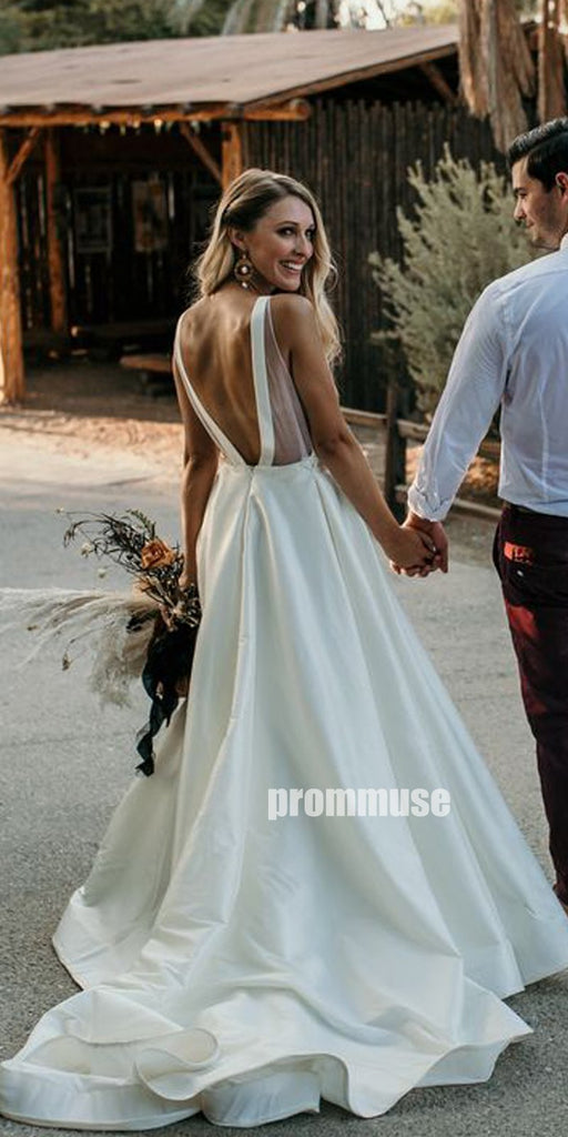 Elegant White V-neck Open Back Long Wedding Dresses, PWD008
