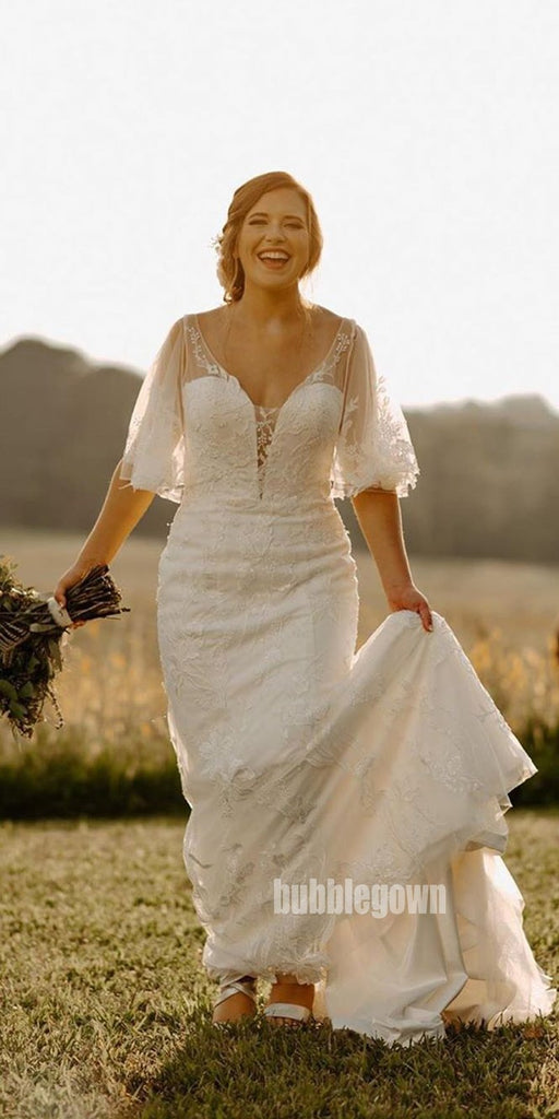Elegant V-back Applique Tulle Long Wedding Dresses, BGH078