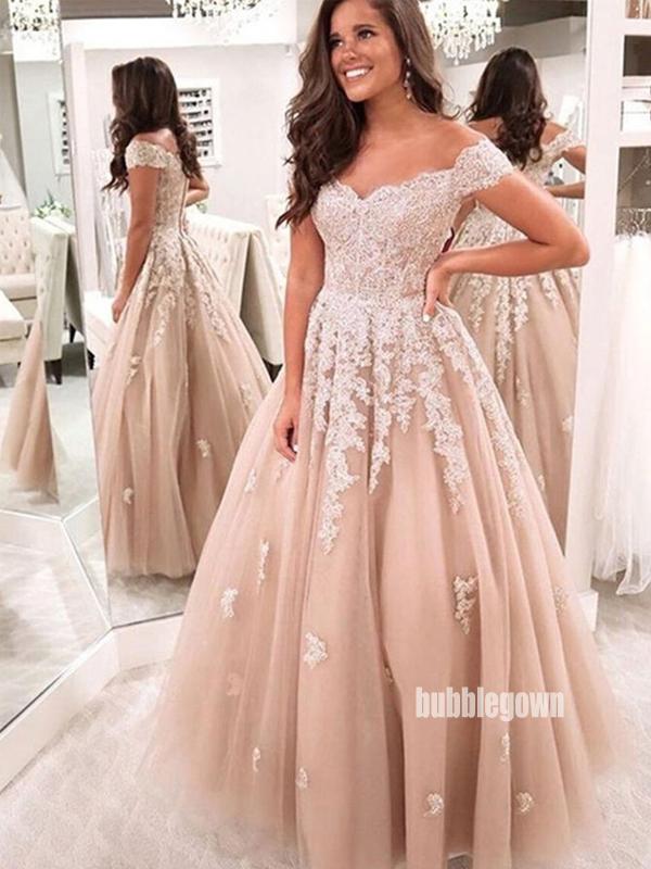 Off the Shoulder Champagne Lace Wedding Dresses, BGH095