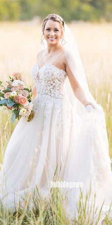 Spaghetti Straps White Lace Long Wedding Dresses, BGH096