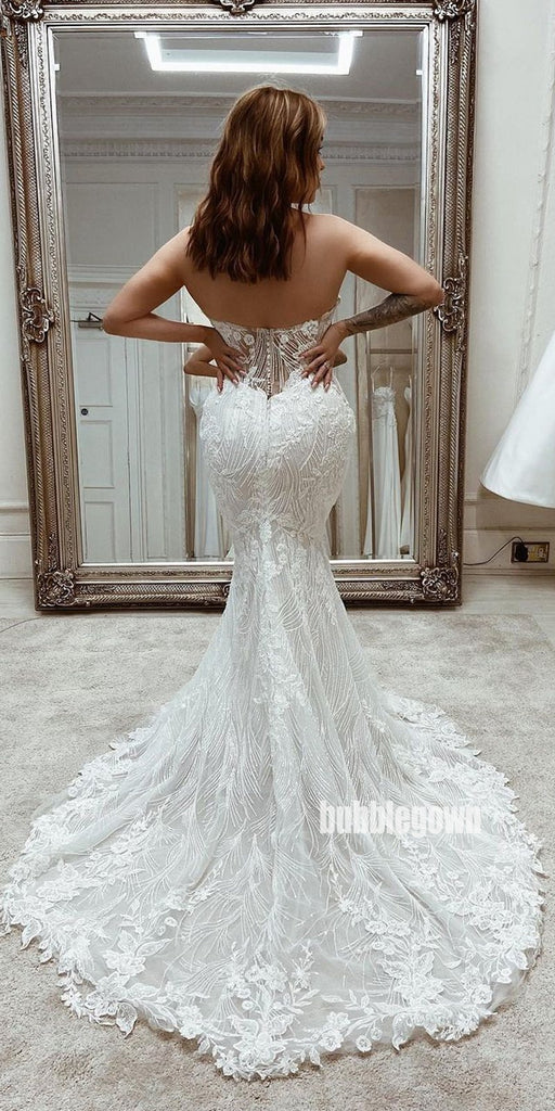 Sweetheart White Lace Applique Mermaid Wedding Dresses, BGH097