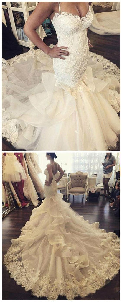 Gorgeous Spaghetti Strap Sweetheart Mermaid Long Wedding Dresses, BGP234 - Bubble Gown