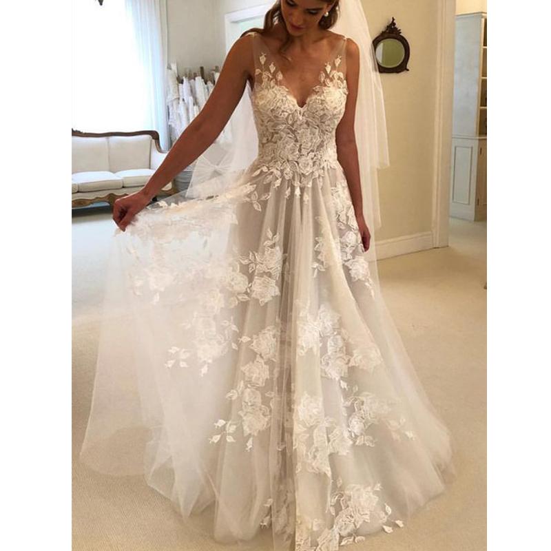 Charming V Neck A Line Cheap Applique Bridal Long Beach Wedding Dresses, BGP264 - Bubble Gown