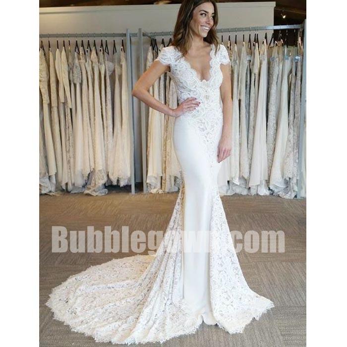 Cap Sleeves V Neck Lace Mermaid Elegant Long Wedding Dresses, BGW009 - Bubble Gown