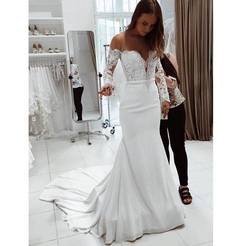 Long Sleeves Off the Shoulder Mermaid Bridal Long Wedding Dresses, BGP230 - Bubble Gown